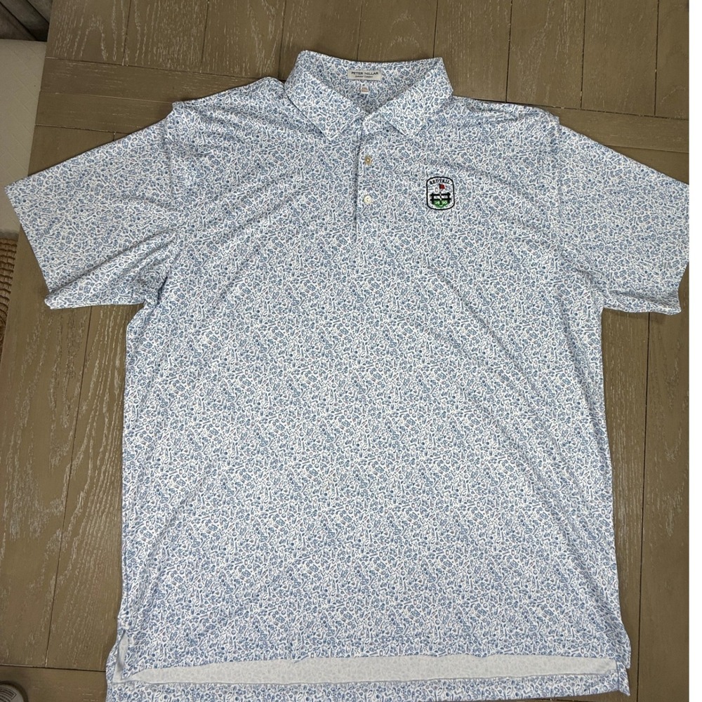 Peter Millar Polo Shirt Men XXL White Blue Golf Drinks Print Summer Comfort Logo